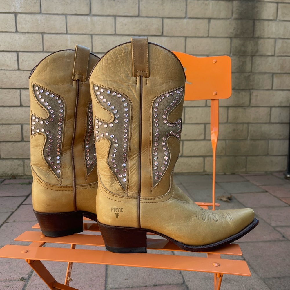 Frye Gold cowboy Boots with pink Swarovski Crystals
